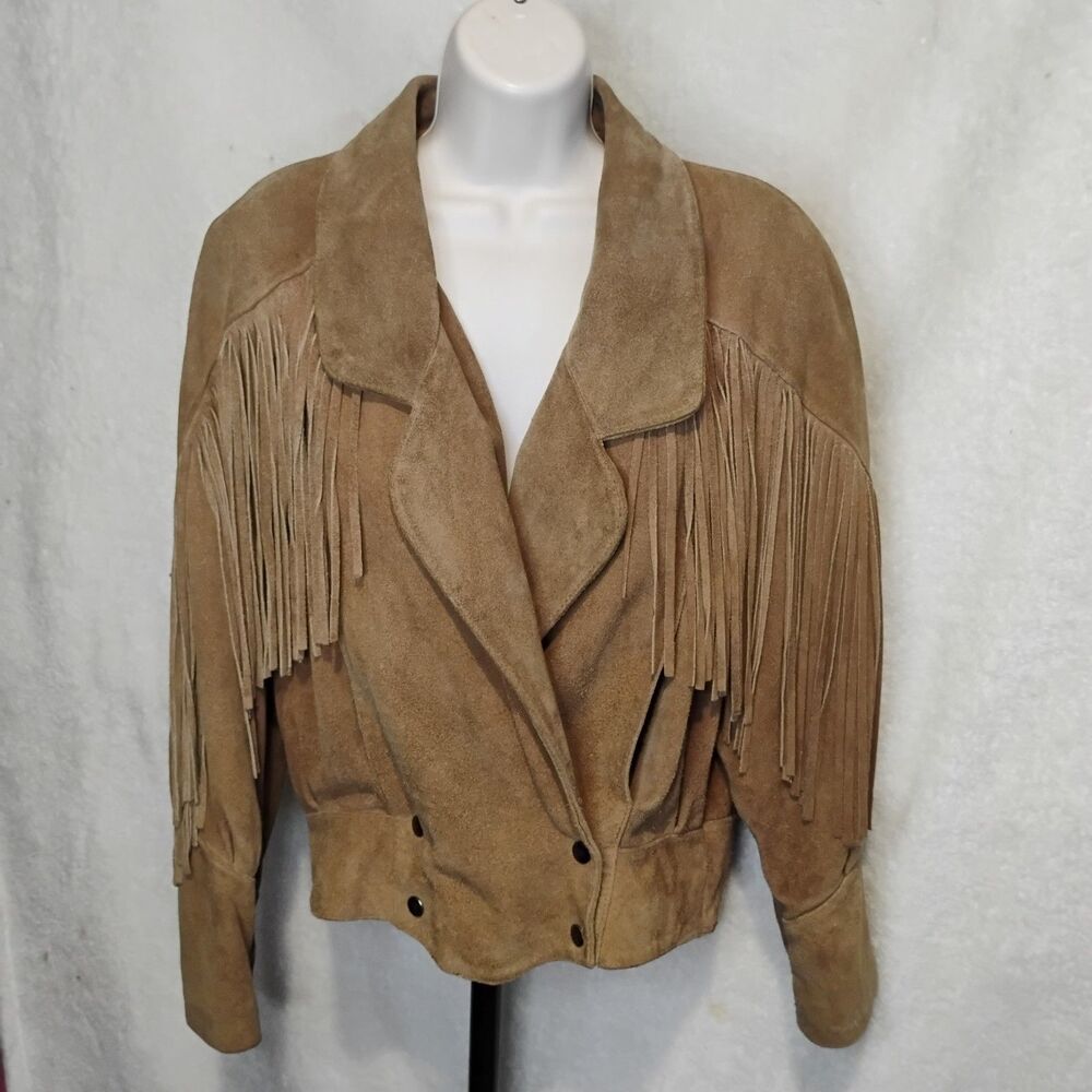 Vintage Yearbook Suede Fringe Jacket Medium Brown Leather Short Western Cowgirl